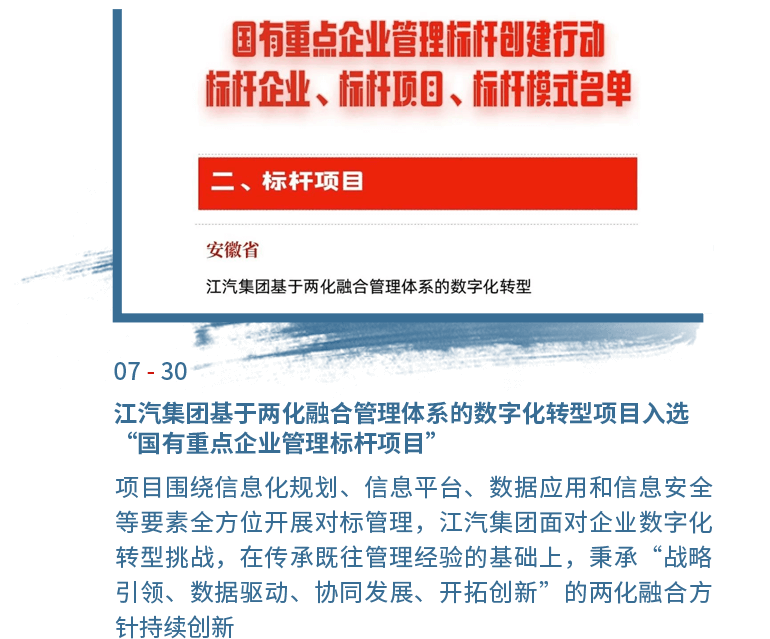 7月30日江汽集團(tuán)基于兩化融合管理體系的數(shù)字化轉(zhuǎn)型項(xiàng)目入選“國(guó)有重點(diǎn)企業(yè)管理標(biāo)桿項(xiàng)目”
